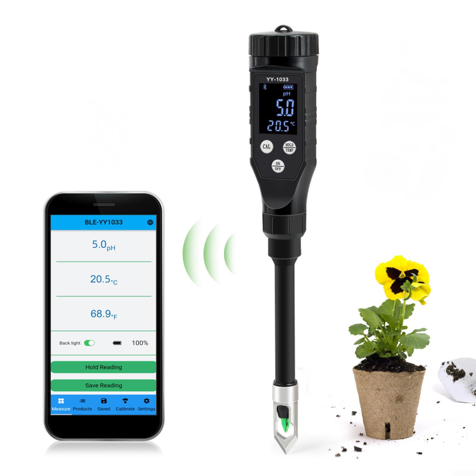 Handbodenmessgerät, für intelligentes Boden-pH-Messgerät, digitales Messgerät für Boden und Wasser, pH-Tester für Gartenarbeit, Rasen, Landwirtschaft und Outdoor-Pflanzen