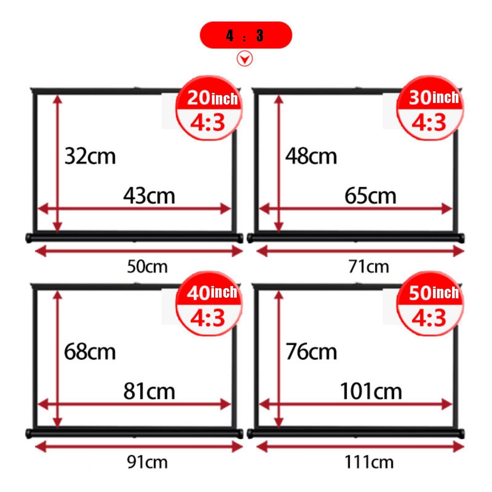 Schermo proiezione portatile leggero, a discesa manuale antipiega 20-50 pollici, HD 4:3/16:9 per home theater, campeggio, feste, viaggi, conferenze ufficio(4:3,20inch)