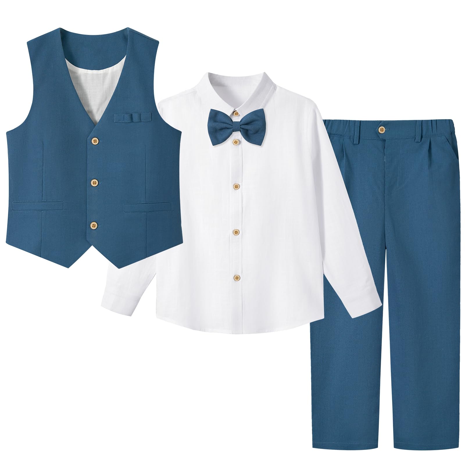 LOLANTA Boys Linen Suit Dress Clothes Kids Graduation Wedding Outfit 4 Piece Shirt Vest Pants Set with Bow Tie