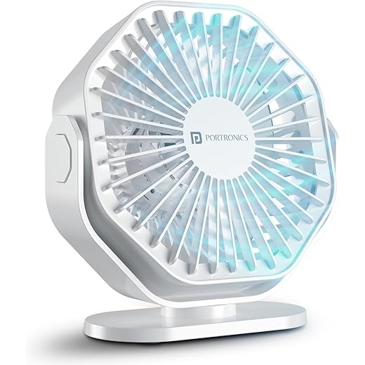 Portronics Chill On, Mini Type-C Powered Table & Hanging Fan, 360 Rotation, 3-Speeds, Upto 5000 RPM, BLDC Motor, One Button Control, Compact 3.25 Design with Loop for Desk, Home, Office & Travel