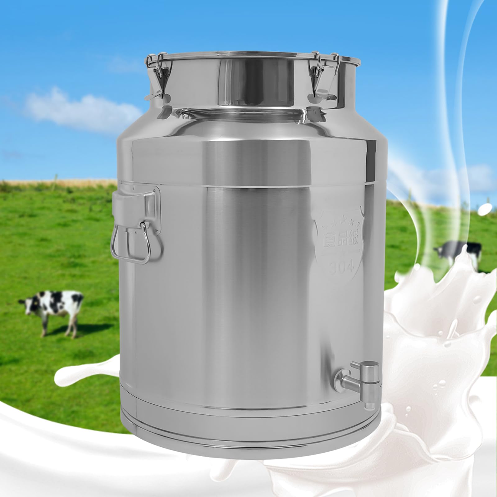 Lechera de acero inoxidable, olla de 64 litros con tapa hermética, grifo, hebillas de bloqueo, asas laterales y superiores, recipiente de almacenamiento de alimentos ideal para uso agrícola y lácteo