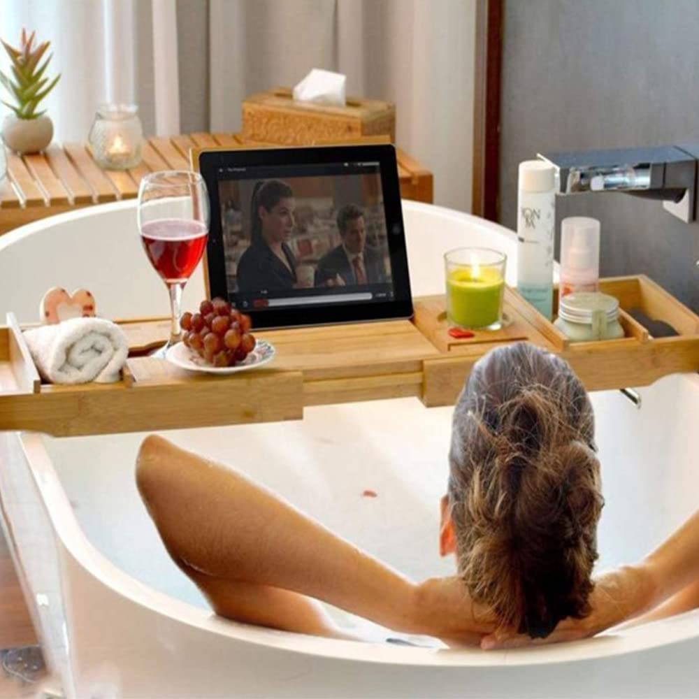 Pont de Baignoire Extensible Bambou,Plateau de Rangement Baignoire Expérience de Spa,2 en 1 Plateau en Bambou Naturel de Baignoire/Lit,avec Support pour Verre à Vin,Livre et Tablette