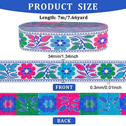 FINGERINSPIRE 7m Colorful Flower Pattern Jacquard Ribbon 34mm Wide Ethnic Style Embroidery Polyester Ribbons Bright Pink Blue Green Floral Woven Jacquard Band for Sewing Craft Decoration - Image 2
