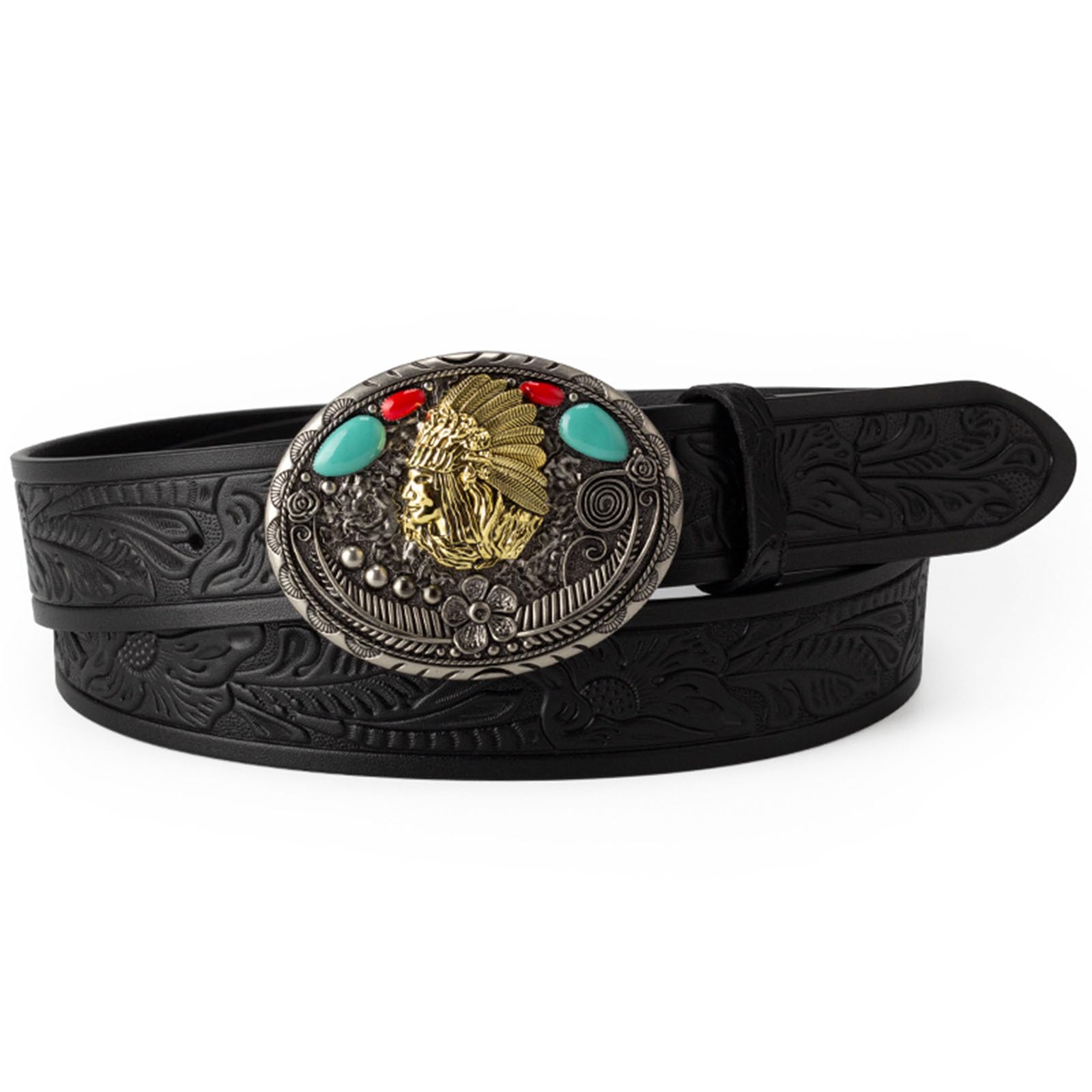 Jiary Unisex Black ,115Cm/45.3'',Mens Leather Belt, Adjustable Western Cowboy Belts For Men With Native American Pattern Alloy Buckle