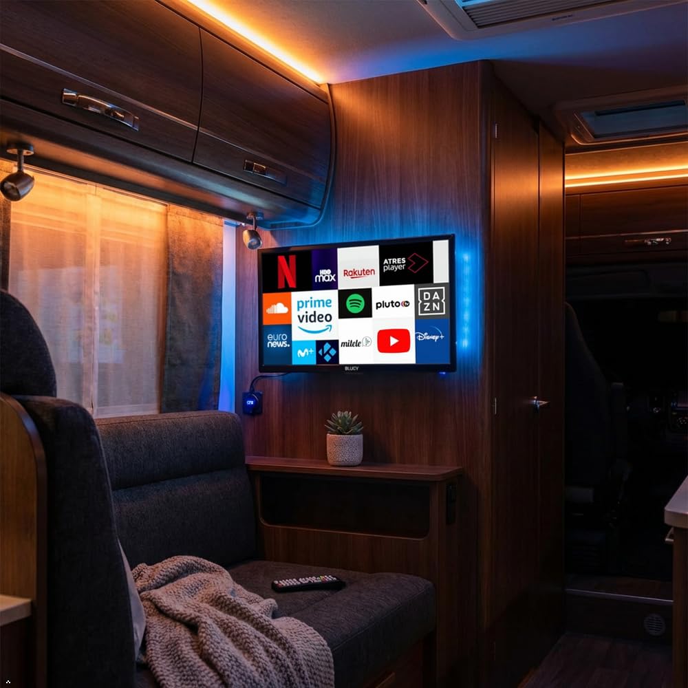 Televisión Smart 19" LED HD, 12V, 1366x768 píxeles Travel TV Ideal para vehículos, caravanas, Camiones, Barco, Altavoz Integrado Disney+ Netflix Youtube [Clase de eficiencia energética A]