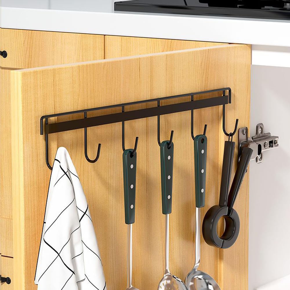 2 ganchos de cocina de montaje en pared, estante para utensilios con 6 ganchos, soporte sin perforación, riel de ahorro de espacio para baño (negro) 6