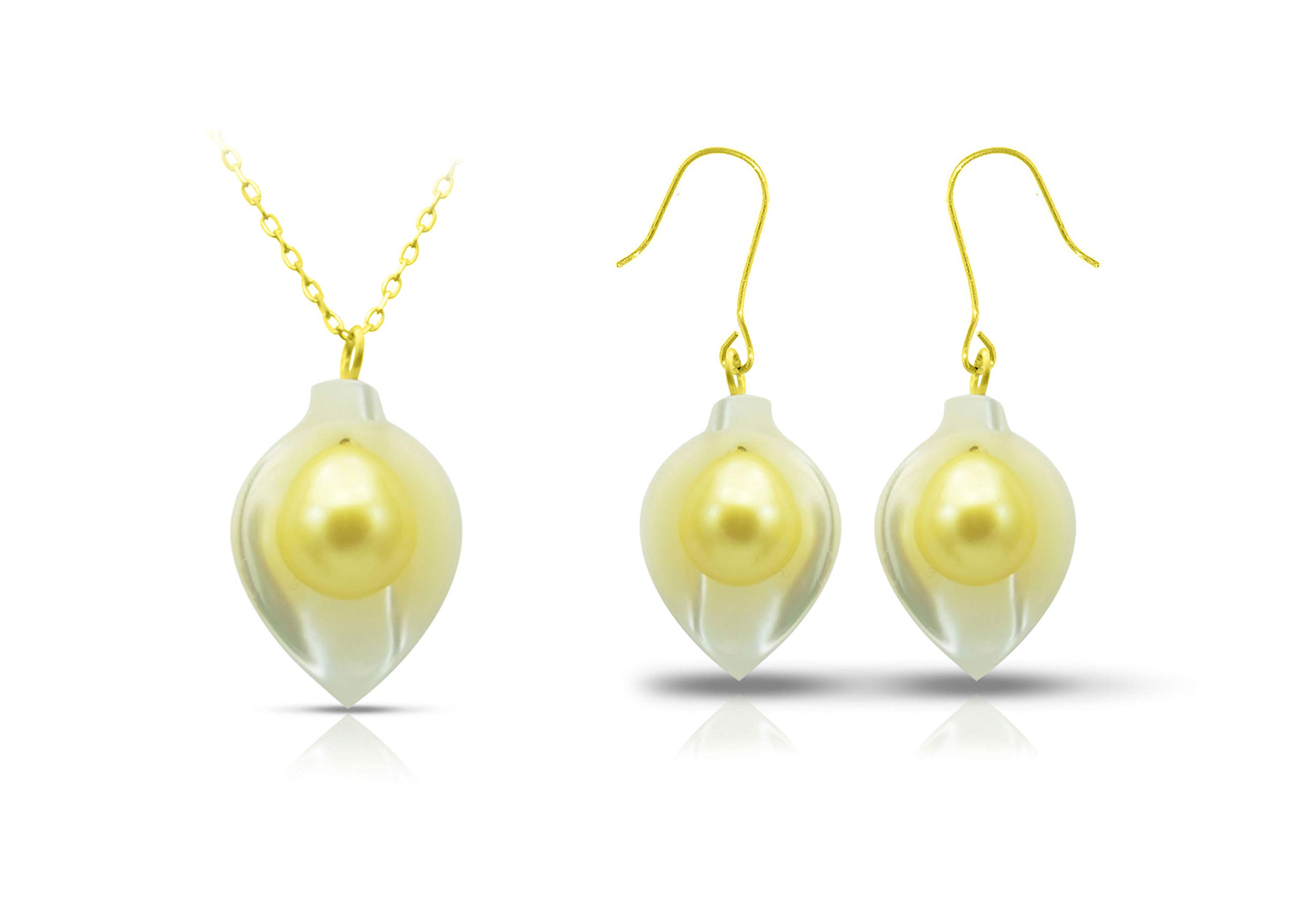 Vera Perla18K Gold Calla Lily Mother of Pearl with 7mm Golden Pearl Jewelry Set - 2 pcs.