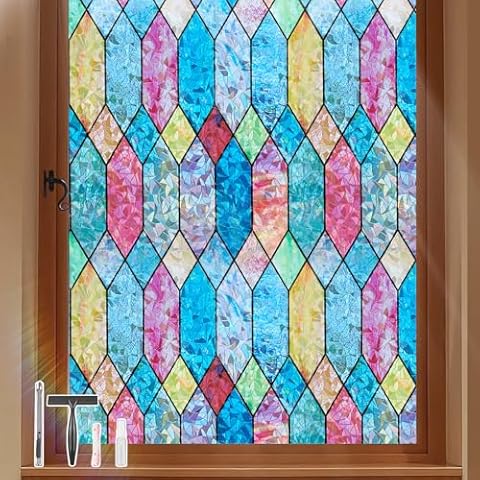 Kromapolis Stained Glass Window Film, Rainbow Lattice Window Clings, Window Privacy Film Static Clings 3D Decorative Colorful Glass Decals, Sun Catcher Window Sticker Non-Adhesive, 35.4 x 157.4 inches Cover