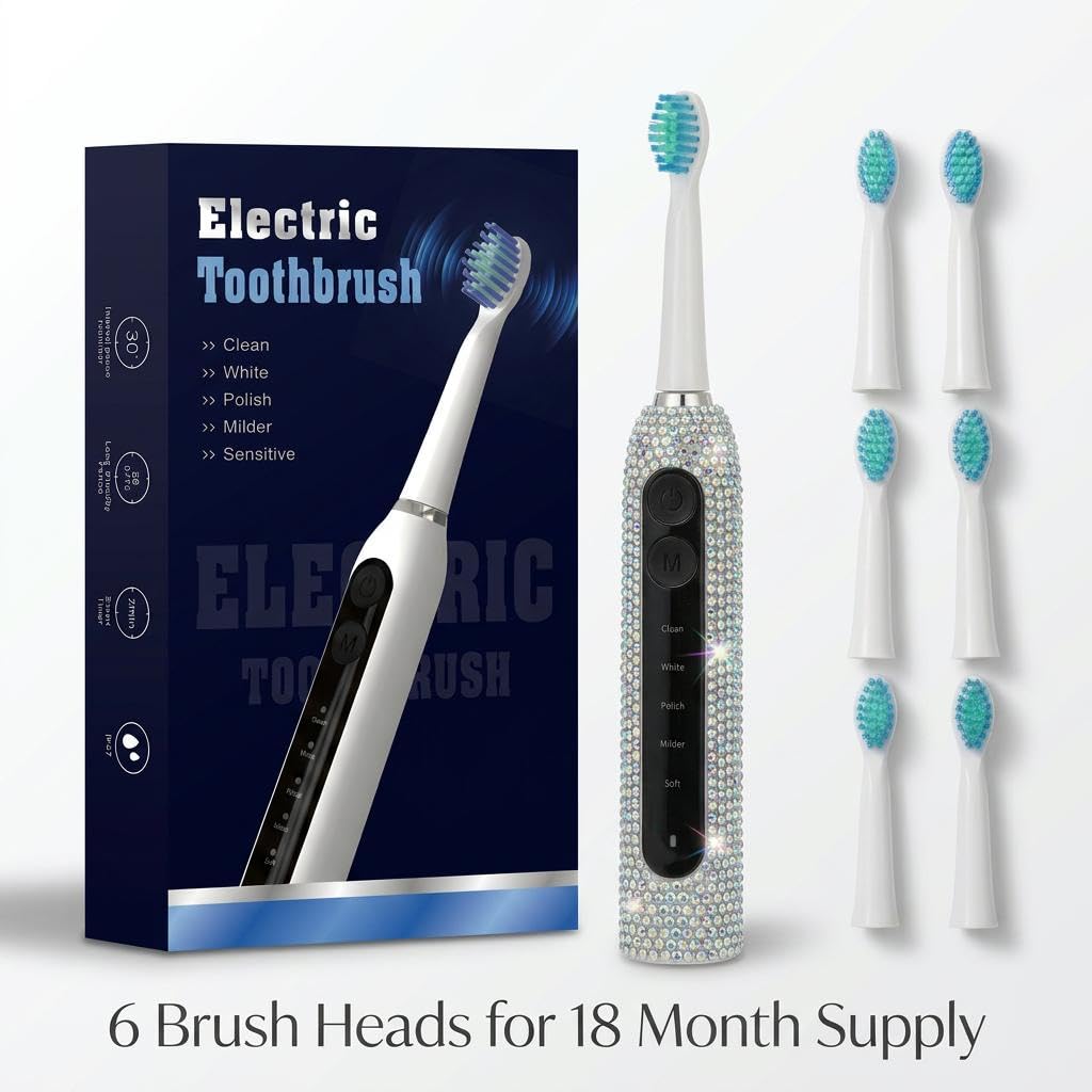 Diamond Sonic - Cepillo de dientes eléctrico brillante recargable para adultos con 6 cabezales de cepillo, cepillo de dientes vibratorio, 5 modos, carga rápida USB-C, temporizador inteligente