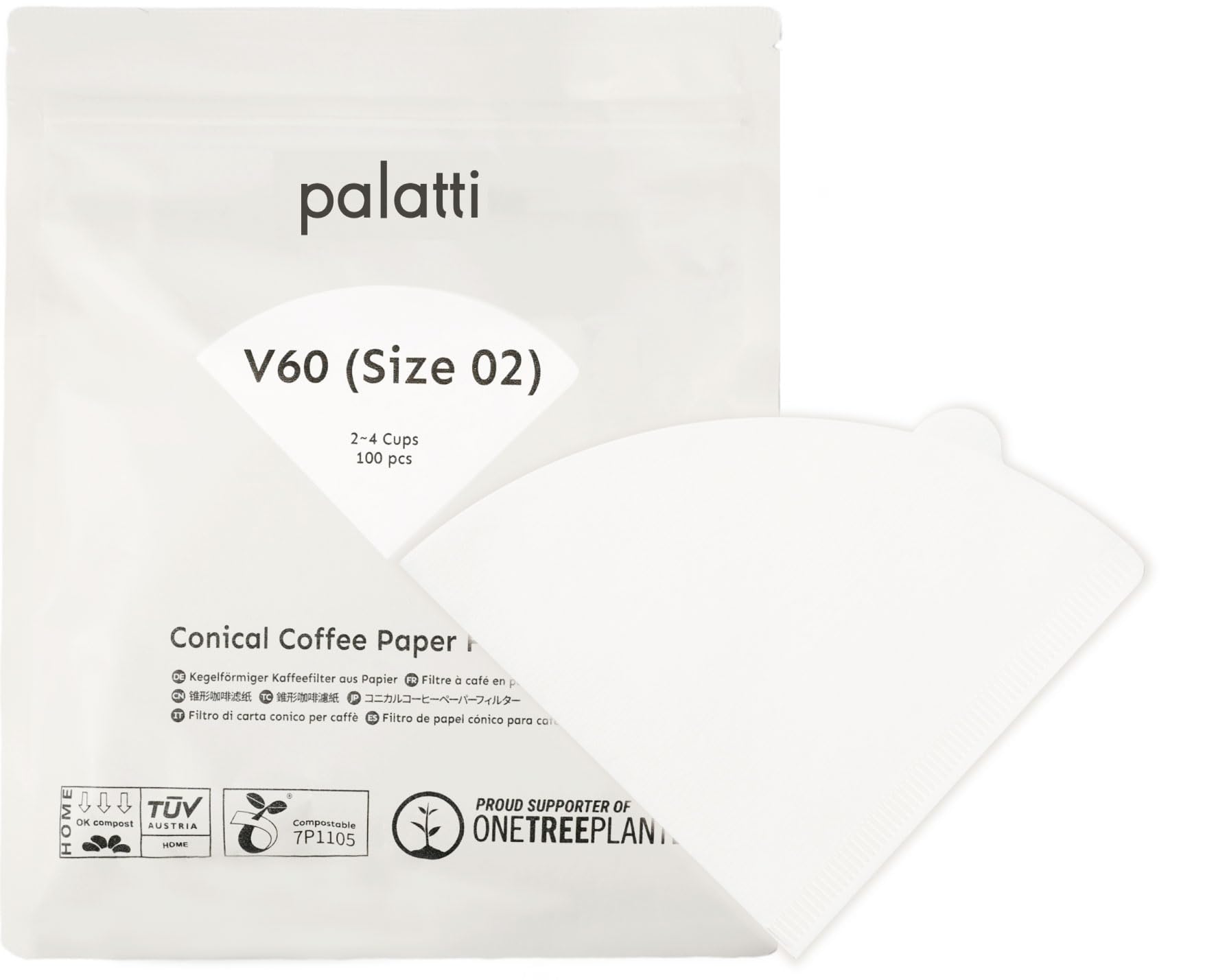 Palatti V60 Conical Coffee Paper Filters (100 count) for V60 style Pour Over Makers and Drippers, with Reclosable Zip Bag as a Convenient Filter Holder
