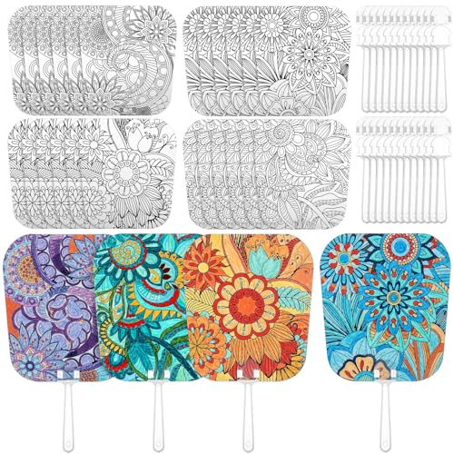 Geelin 24 Pcs Mandala Painting Art Kit Handheld Fan Set Including Fan and Handle 4 Styles DIY Painting Paper Fans for Christmas Crafting Birthday Supplies Outdoor Games Holiday Party Decor