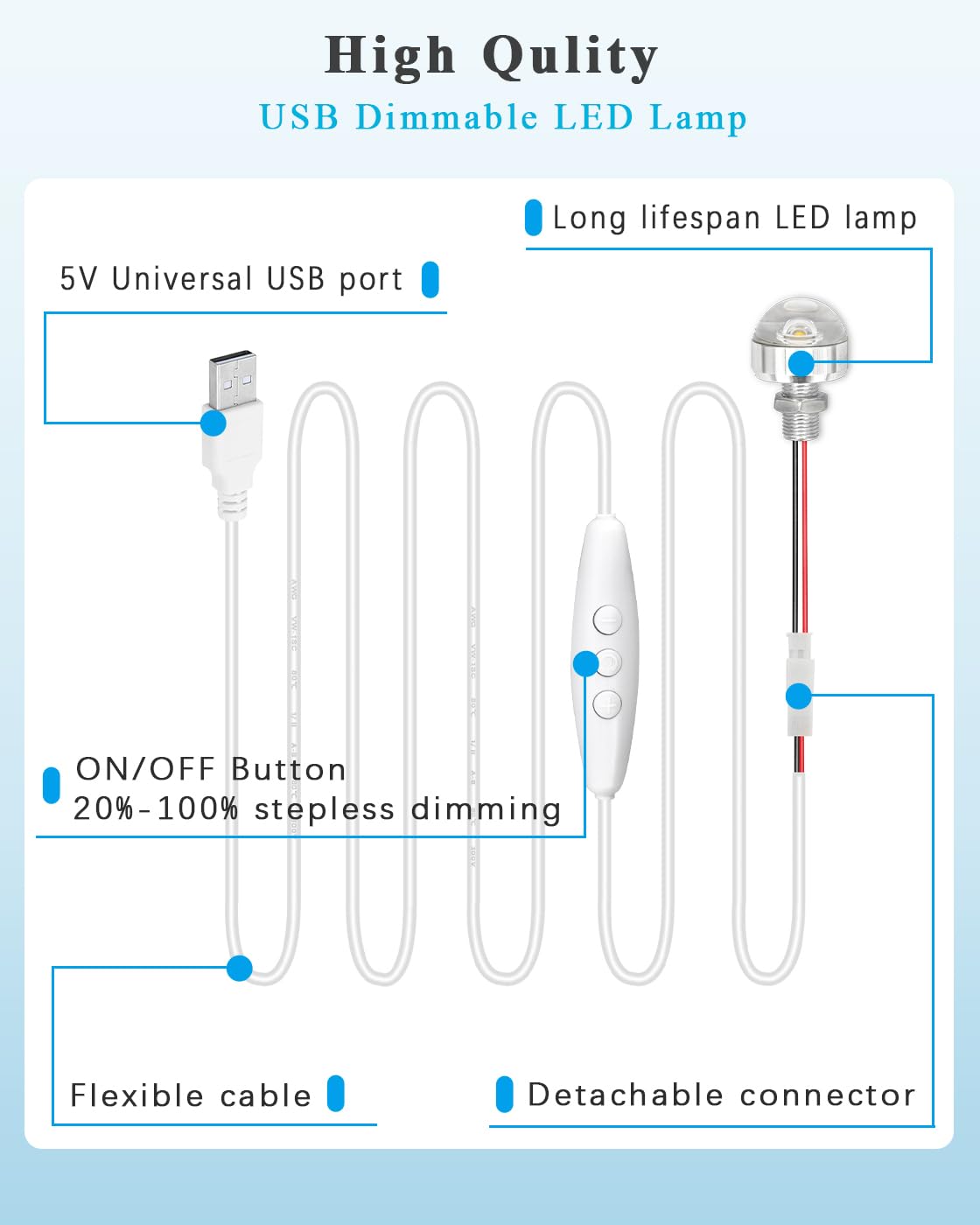 Piccola lampadina USB 1 Watt con cavo DC 5 V dimmerabile LED luce 1,6 m di lunghezza USB alimentato con filo flessibile per Halloween, fai da te, esperimenti, 1 confezione (bianco caldo)