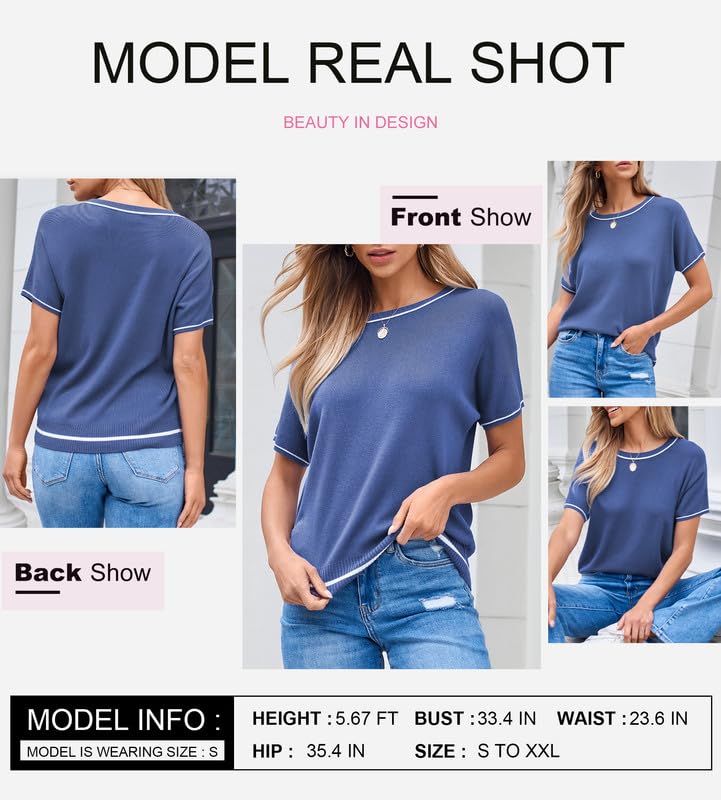 Image of SHEWIN Womens Tops Trendy Short Sleeve Shirts Crewneck Lightweight Knit Sweater Top Business Casual Outfits