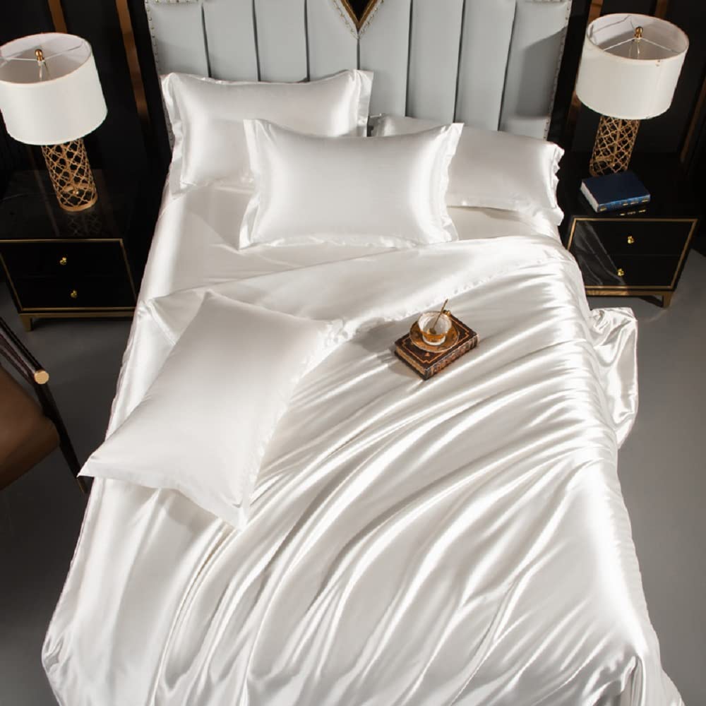 Luofanfei Housse De Couette Satin 220x240 Blanc Uni - Parure De Lit 3 Pièces 2 Personnes