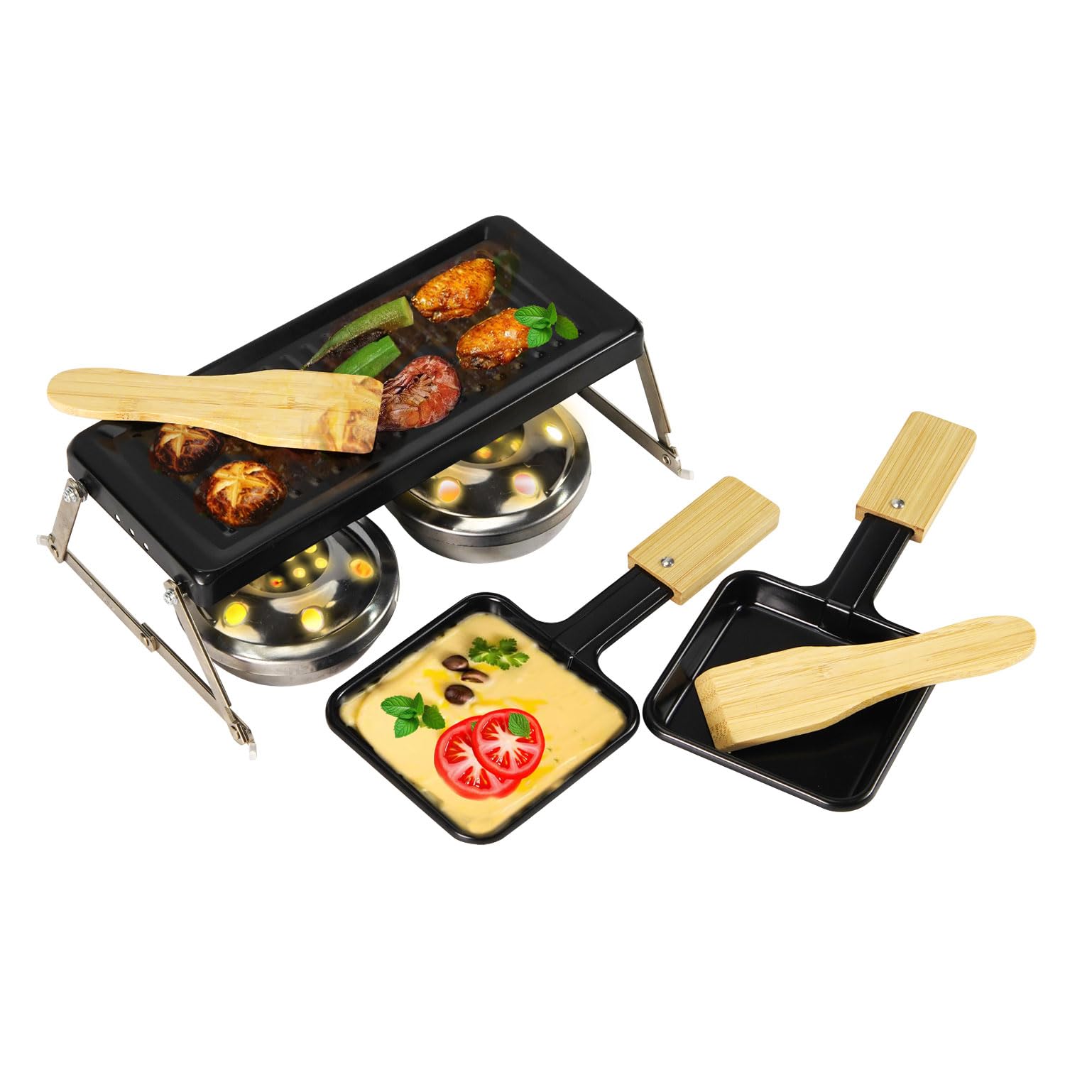 Mini Appareil à Raclette Portable pour 2 Personnes, Plaque Antiadhésive avec Gril, 2 Brûleurs à Alcool, 2 Spatules et Support Métallique Pliable pour Camping, Pique-nique et BBQ