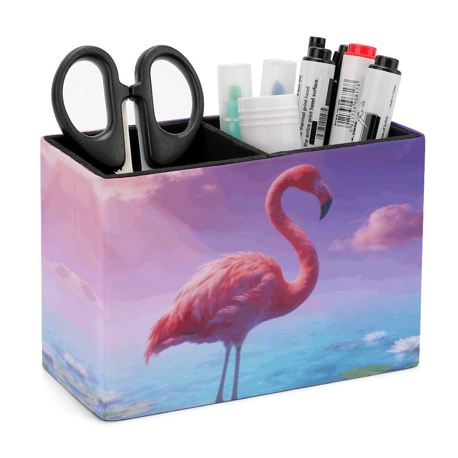 LZQPOEAS Exquisite Patterns PU Leather Pen Holder, Multifunctional Desktop Organizer Caddy with 2 Compartments, Flamingo Pencil Cup Makeup Brush Holder for Office Home