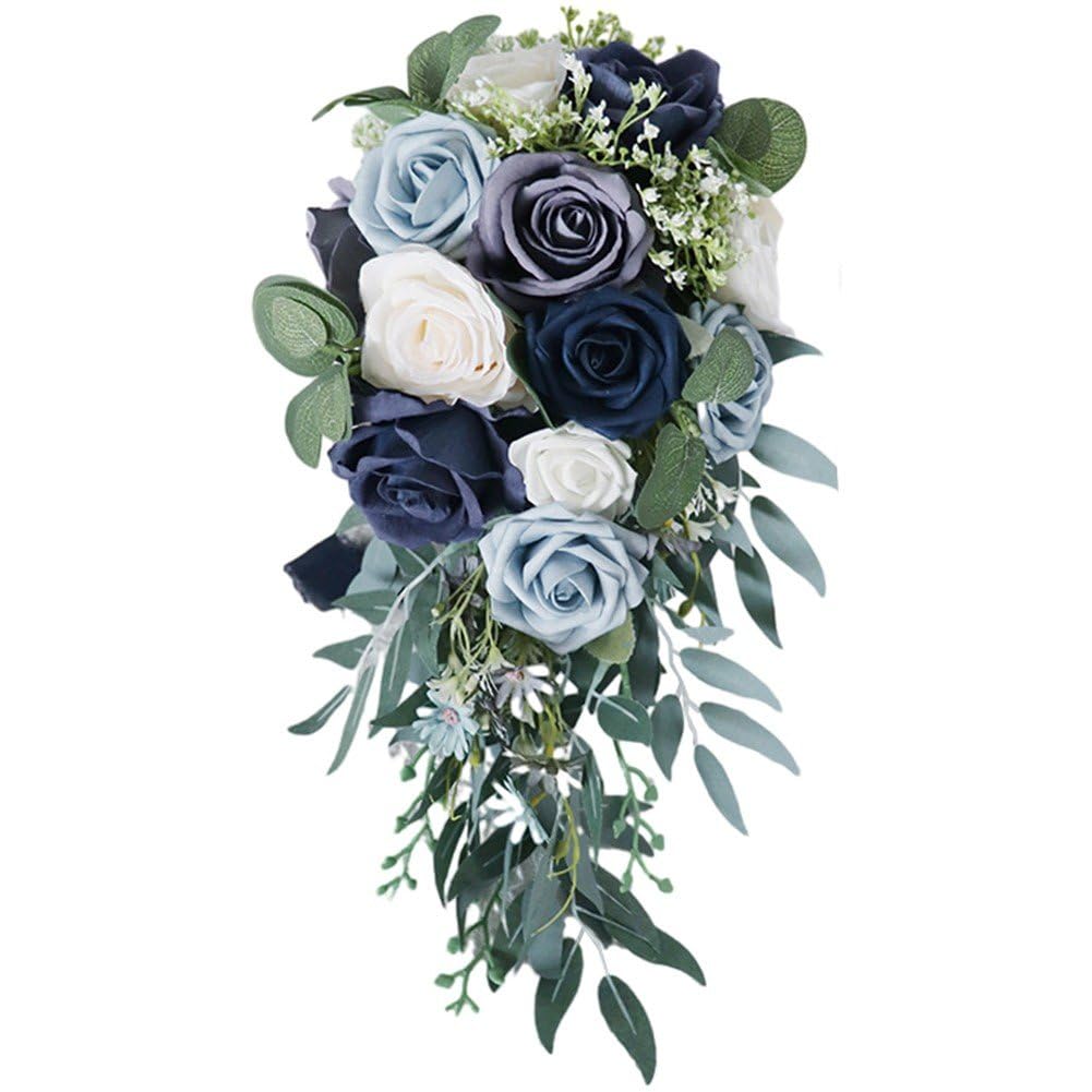 Fituenly Cascading Bridal Bouquet, White & Purple Roses with Ribbons Artificial Wedding Bouquet for Bride Waterfall Flowers for Wedding Ceremony Anniversary Bunch Decorations