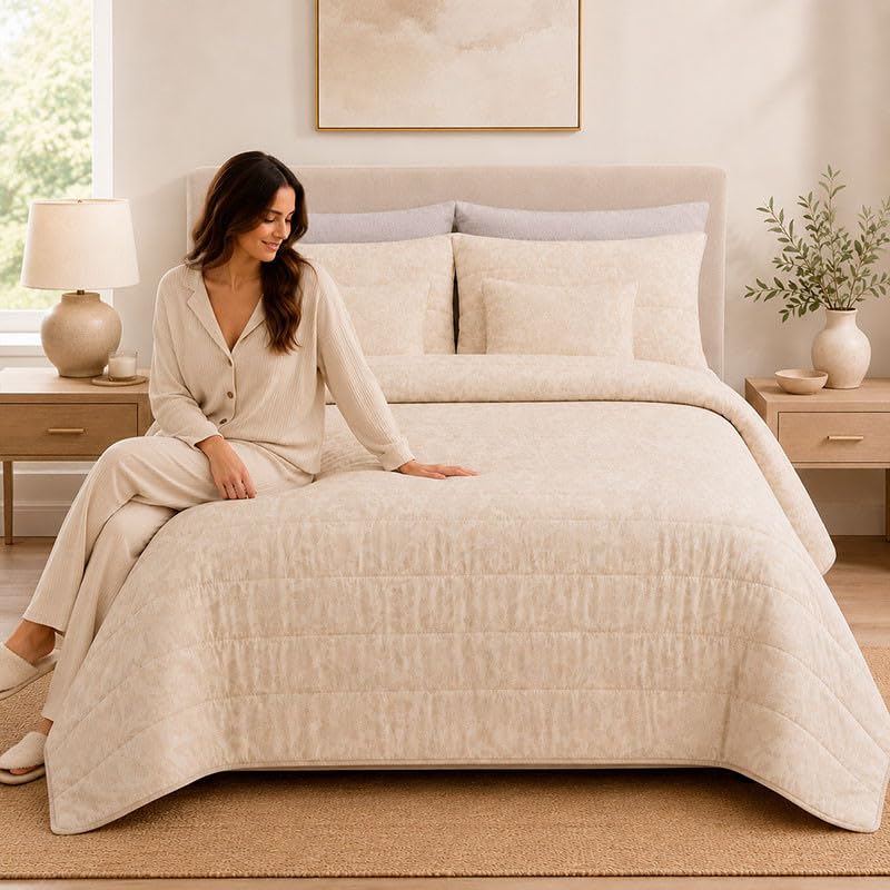 Rufino Díaz Colcha Prelavada Jacquard Alina + Funda de Cojín (Beige - 150 cm) - para una sensación acogedora y de Confort - Tejido Suave, Agradable y Resistente