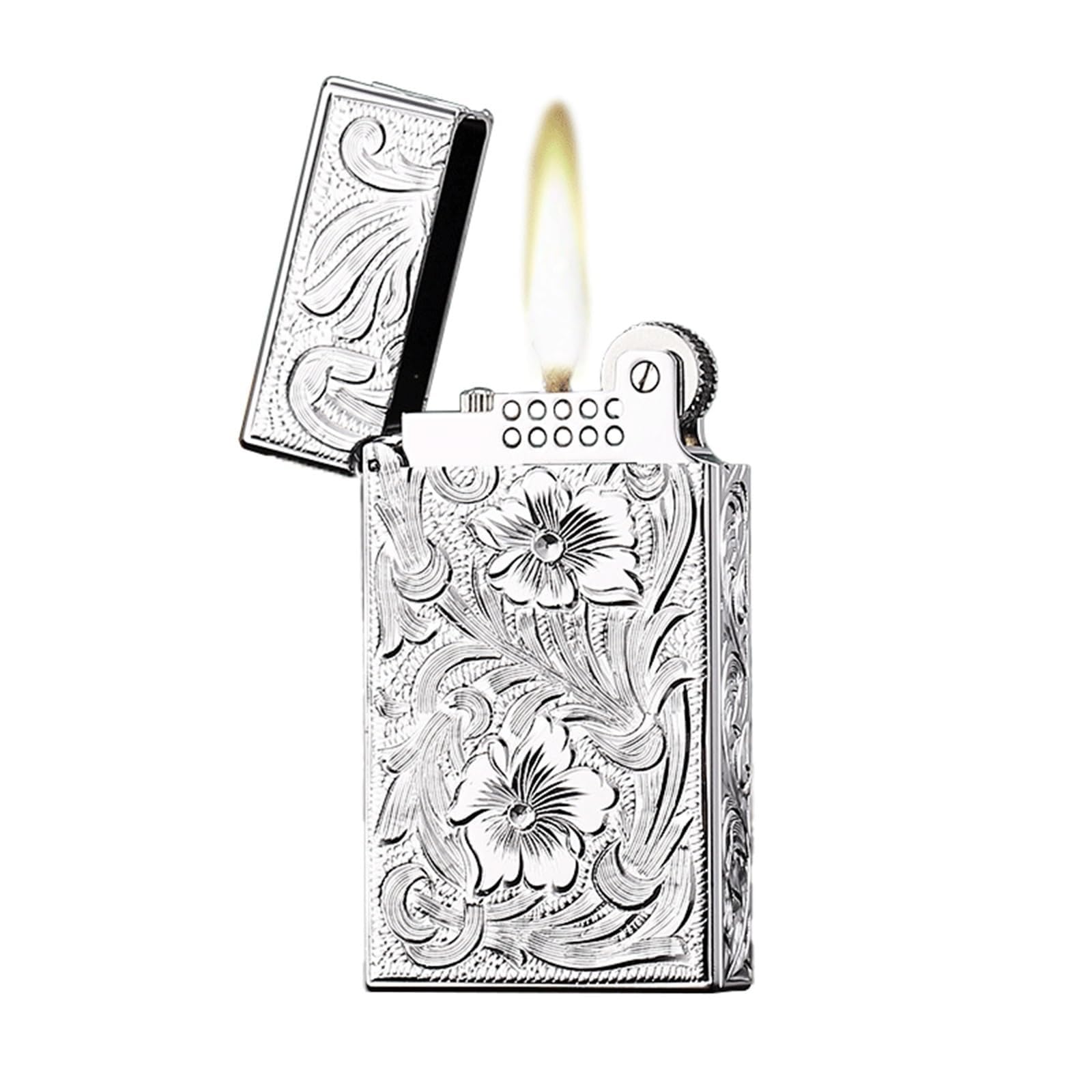 Hand-Carved Brass Kerosene Lighter Flip-Open Sound Refillable Fuel for Collection Decoration High-end Mens Gift Silver