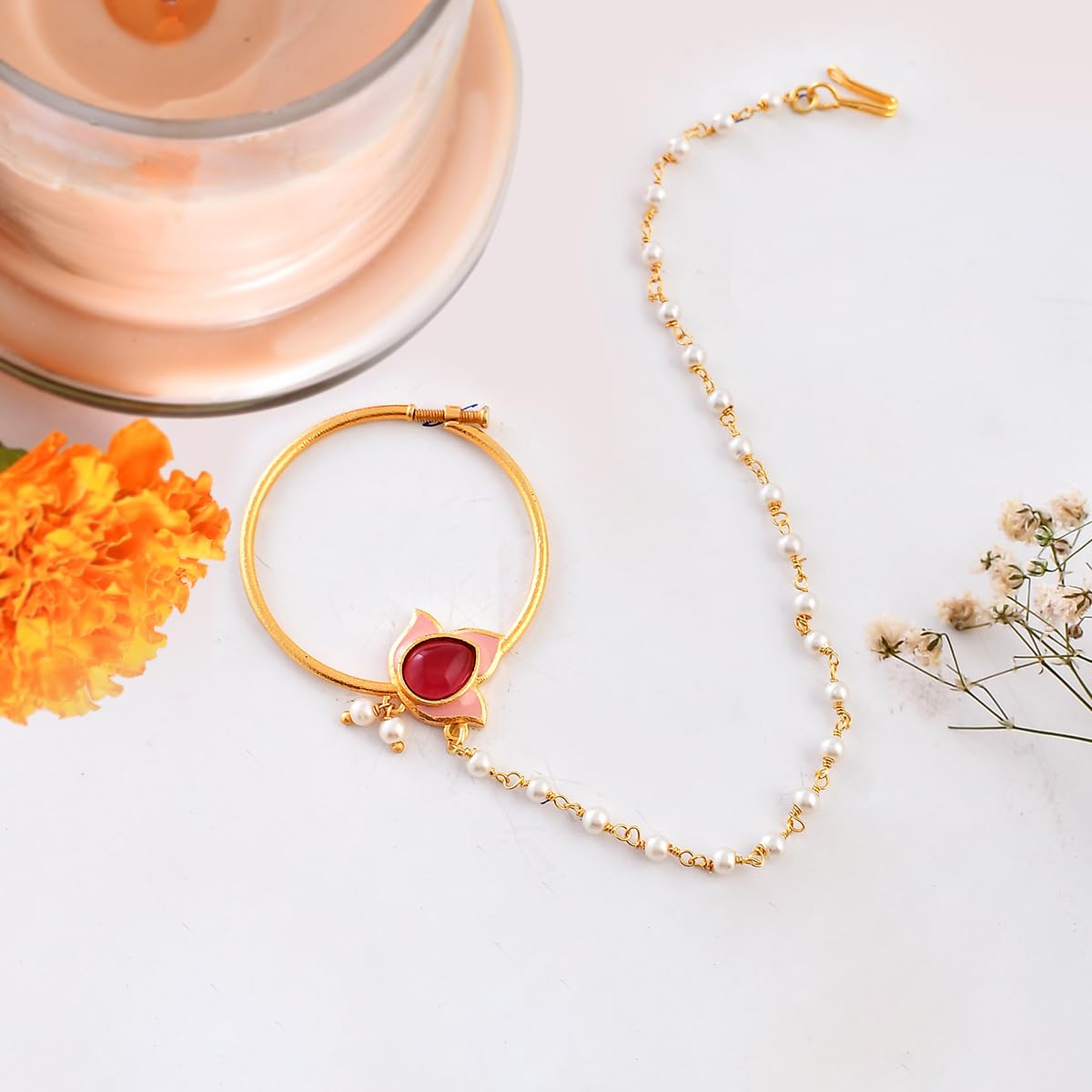 Tulip Motif Pearls Non-Piercing Nose Ring, Elegant Accessory
