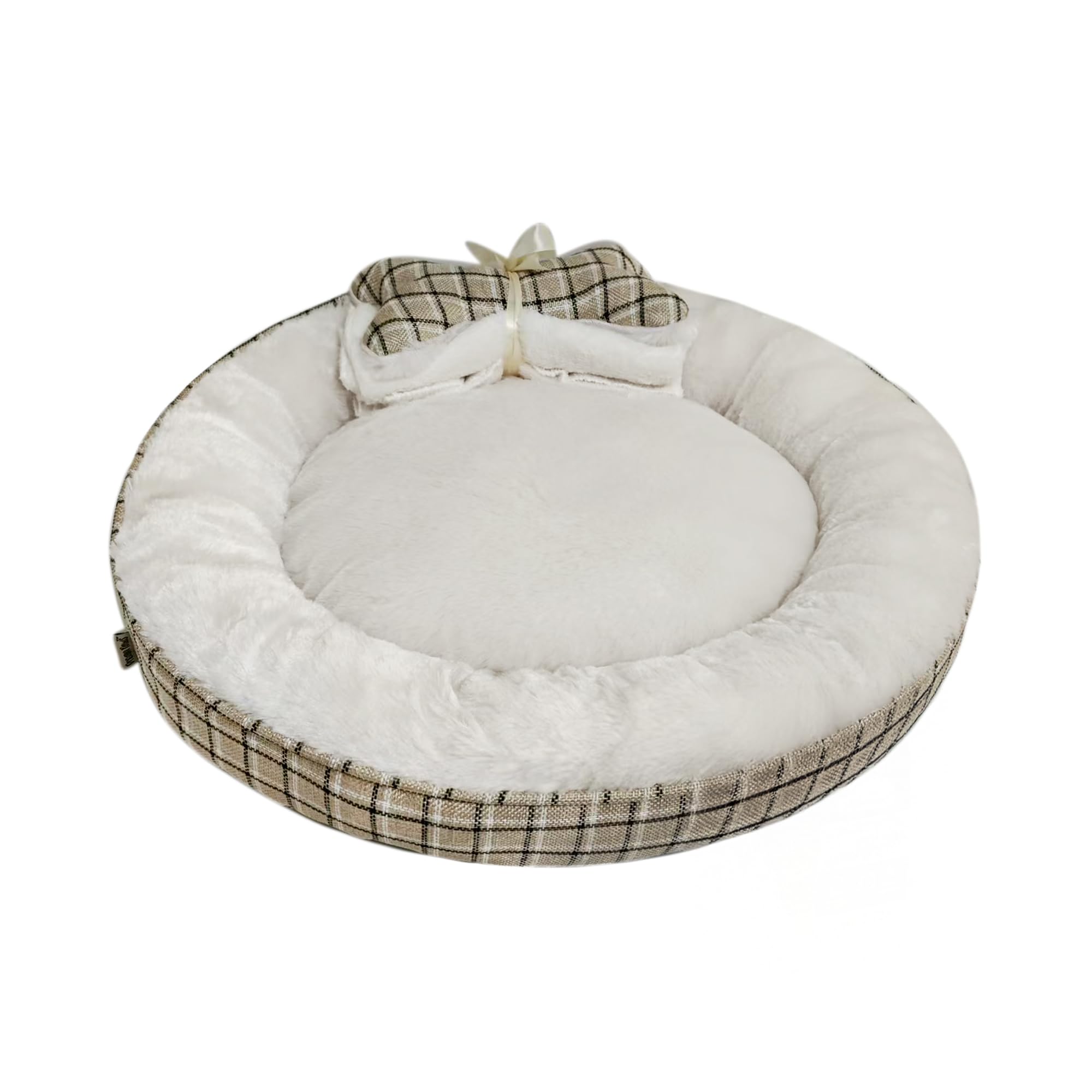 Dream Paws Pet Donut Bed with Matching Blanket, Faux Linen Round Plush Dog Bed for Small Breeds & Cats, Washable Neutral Check Pattern Pet Bedding | 56x56x12cm