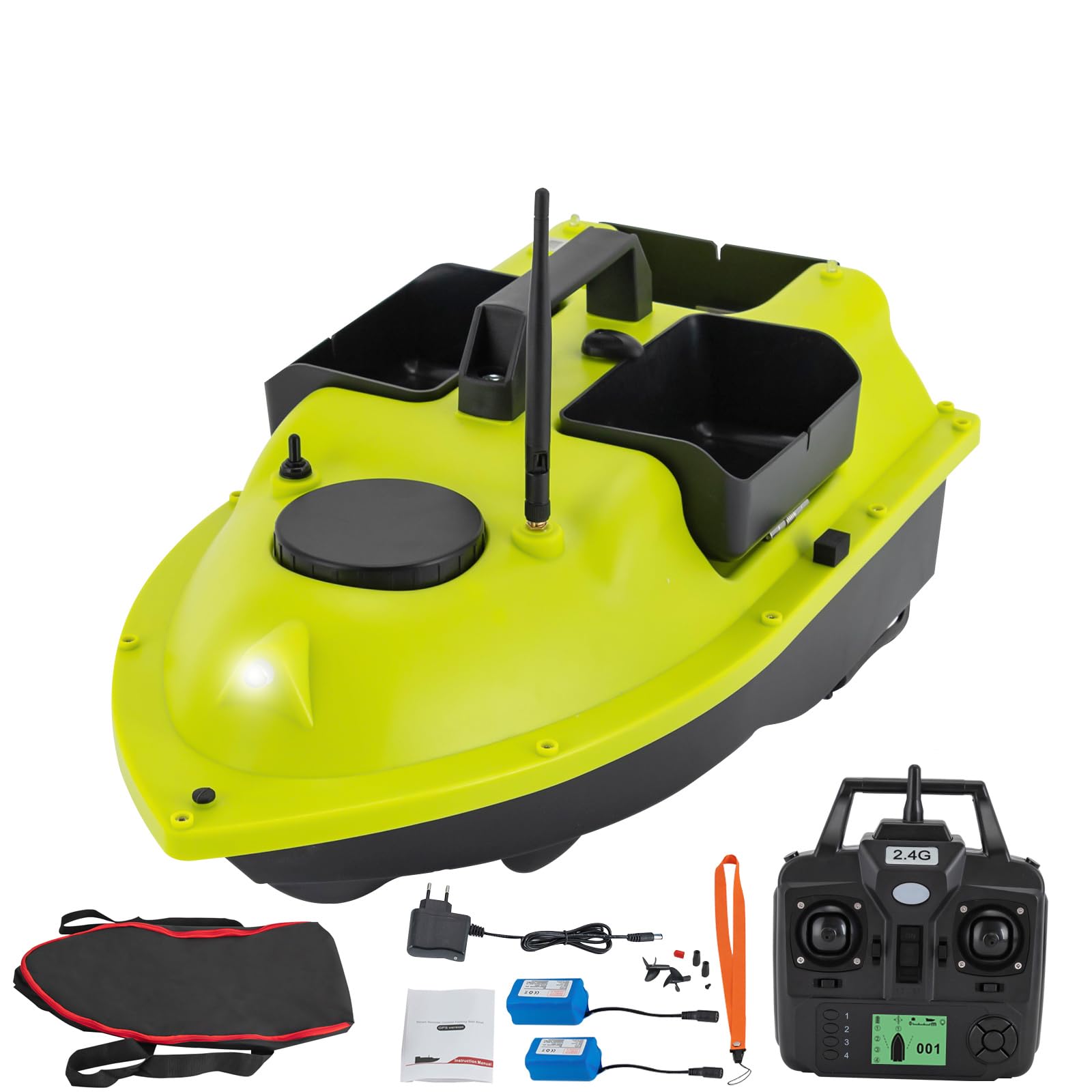 Barco de pesca con GPS, 99 posiciones, motor dual de 52 W, batería de 90 min, alcance de 600 m, mando a distancia LCD, incluye bolsa de transporte