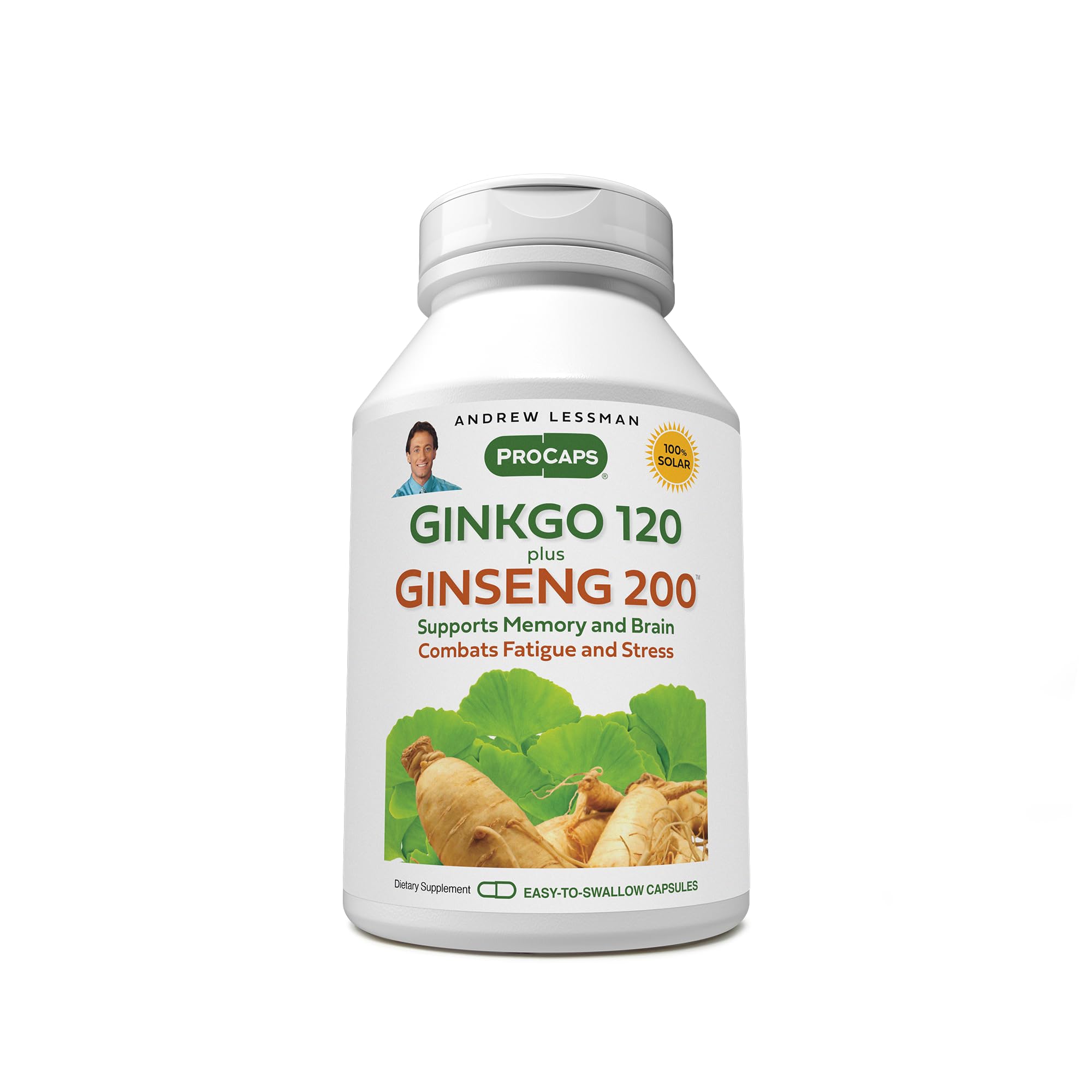 ANDREW LESSMAN Ginkgo 120 Plus Ginseng 200mg - 60 Capsules - Standardized Extract Blend to Support Brain, Memory and Cognitive Function. Adaptogen, Combats Stress and Fatigue. No Additives