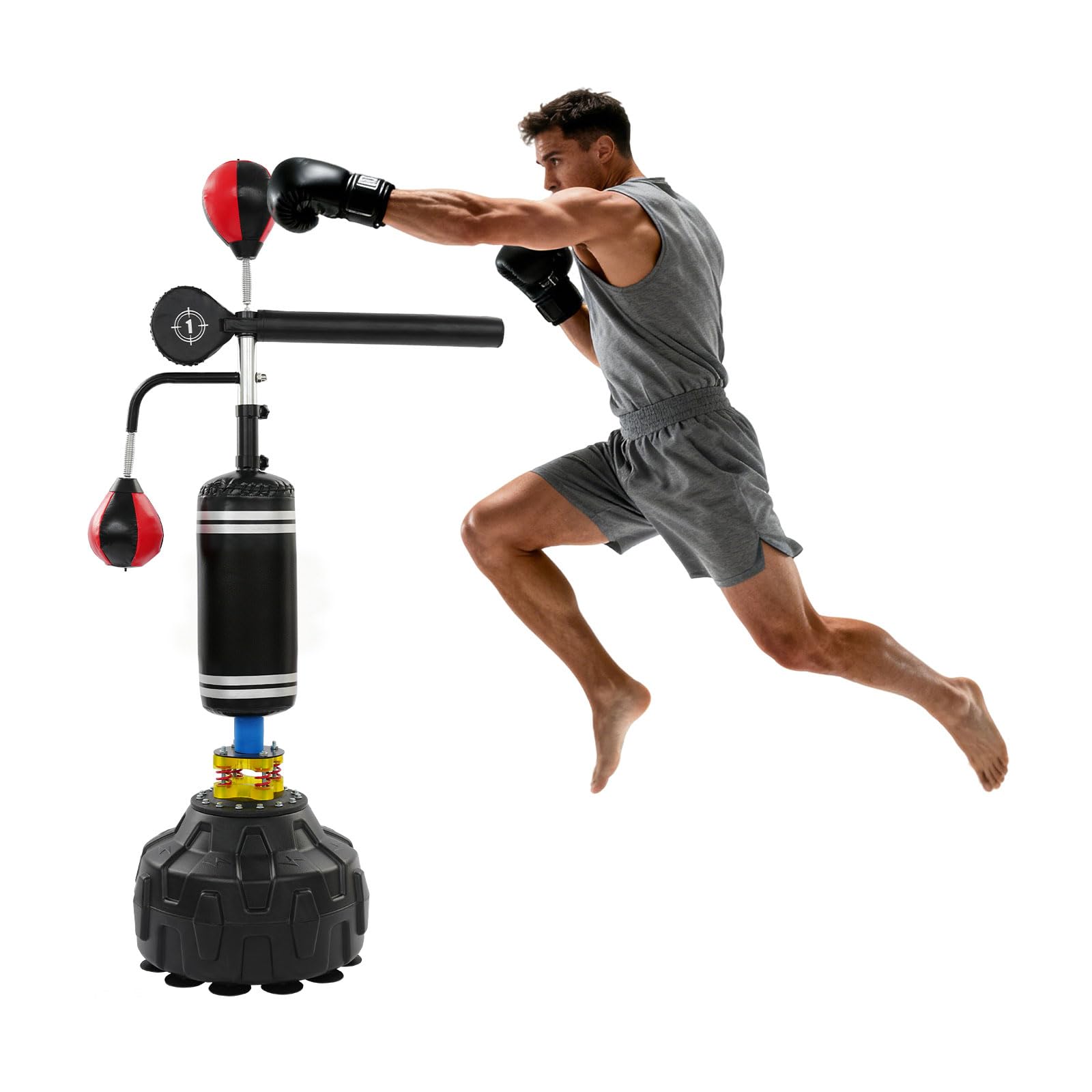 Sac de frappe sur pied 4 en 1, avec poire de vitesse et barre réfléchissante, hauteur réglable de 1,6 à 2,1 m, autonome avec base à ventouse, station de boxe pour adultes et adolescents, kickboxing