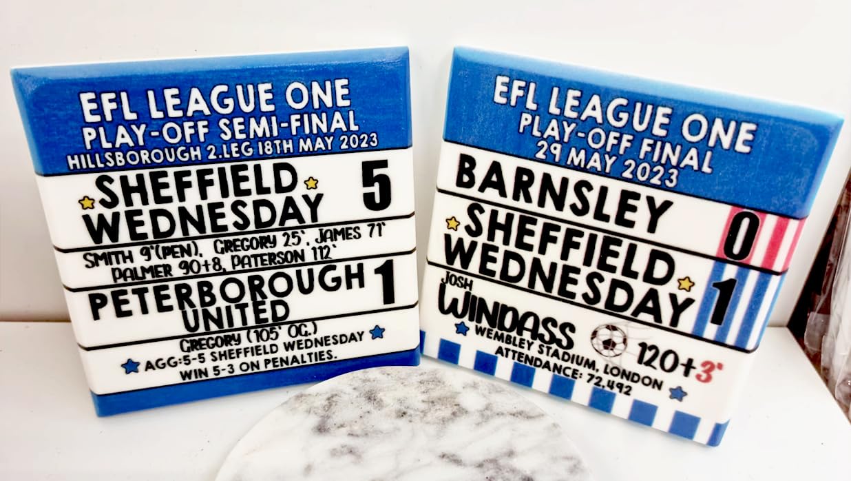 Blue And White Sheffield Wed. 5 Peterborough Utd- Wednesday 2023 League One Play-Off Semi-Final, Shefiled Wednesday Marble Coaster (Semi Final & Final (Both))