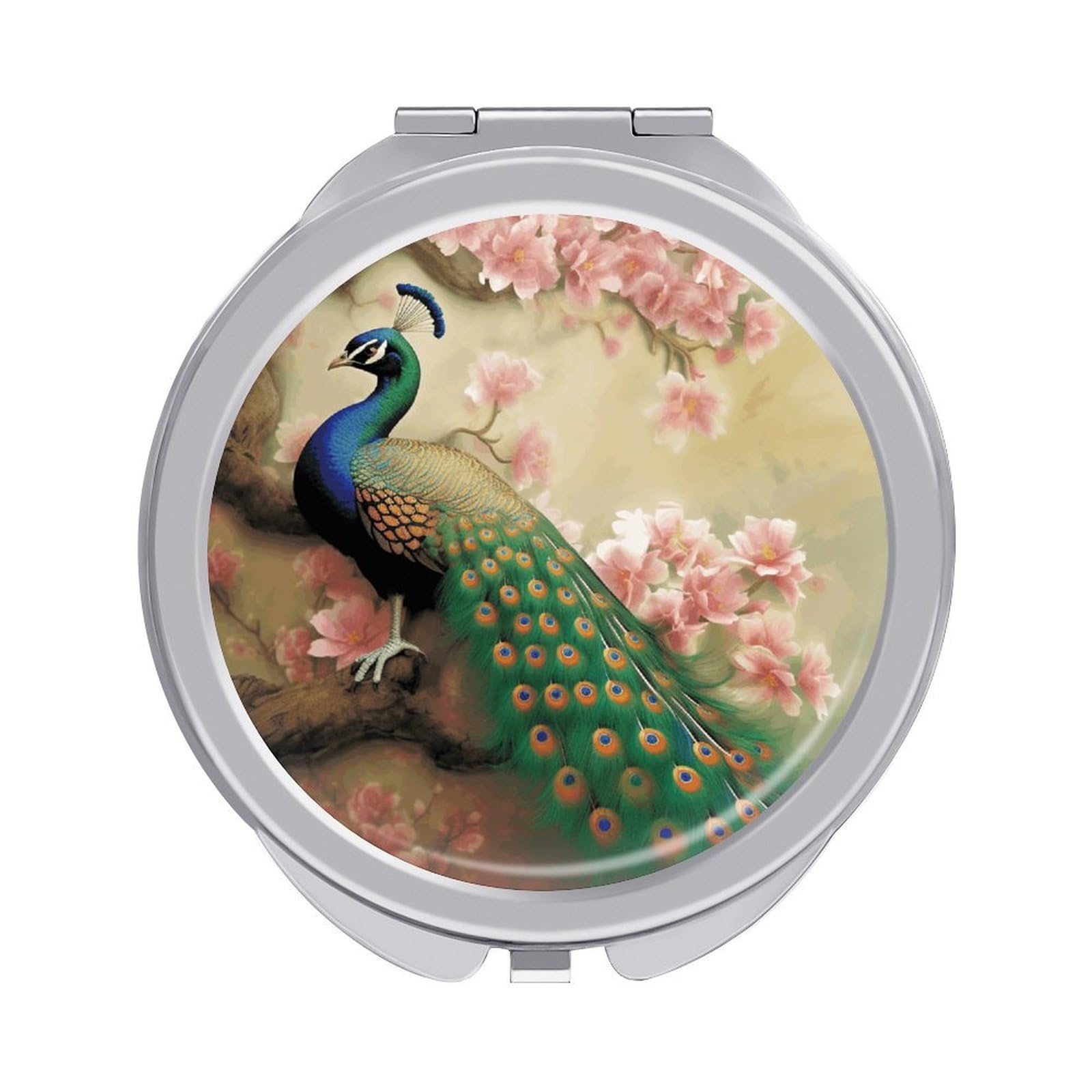 VstaDank Oriental Peacock on Flower Tree Travel Makeup Mirrors Exquisite Double-Sided 2X/1X Magnifying Folding Pocket Mirror Portable Round Handheld Mirror Mini Compact Mirrors for Outdoor Home