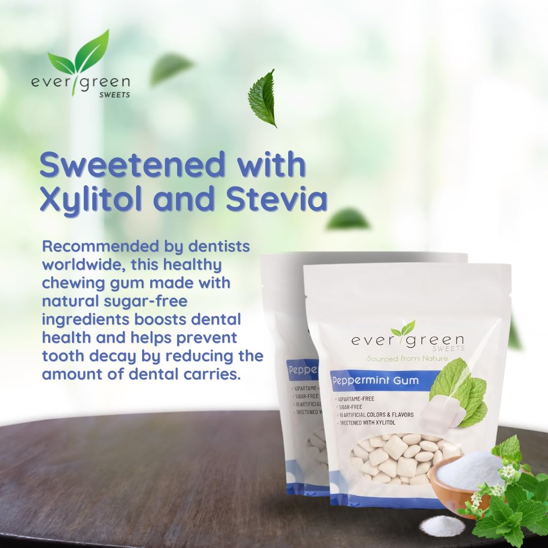 Evergreen Sweets Chewing gum - 400 Pieces Per Bag - Natural Peppermint Gum Made with Xylitol and Stevia - Sugar-Free, Aspartame Free and Vegan