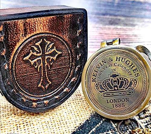 Brújula Vintage de Latón acabado antiguo Kelvin Hughes 100 Year Calendar | Con hermosa funda de cuero | Brújula de navegación artesanal de latón estilo vintage para camping y actividades al aire libre miniatura 2