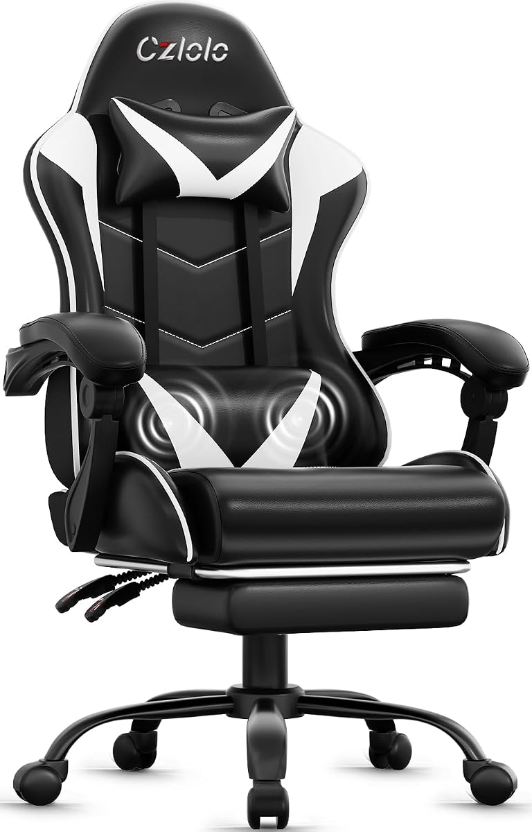 Czlolo Gaming Chair with Footrest Racing Style Lumbar Support Massager Video Game Chair with Metal Legs, High Back Reclining Gamer Chair with Headrest, 360° Swivel Office Computer Desk Chair (White)