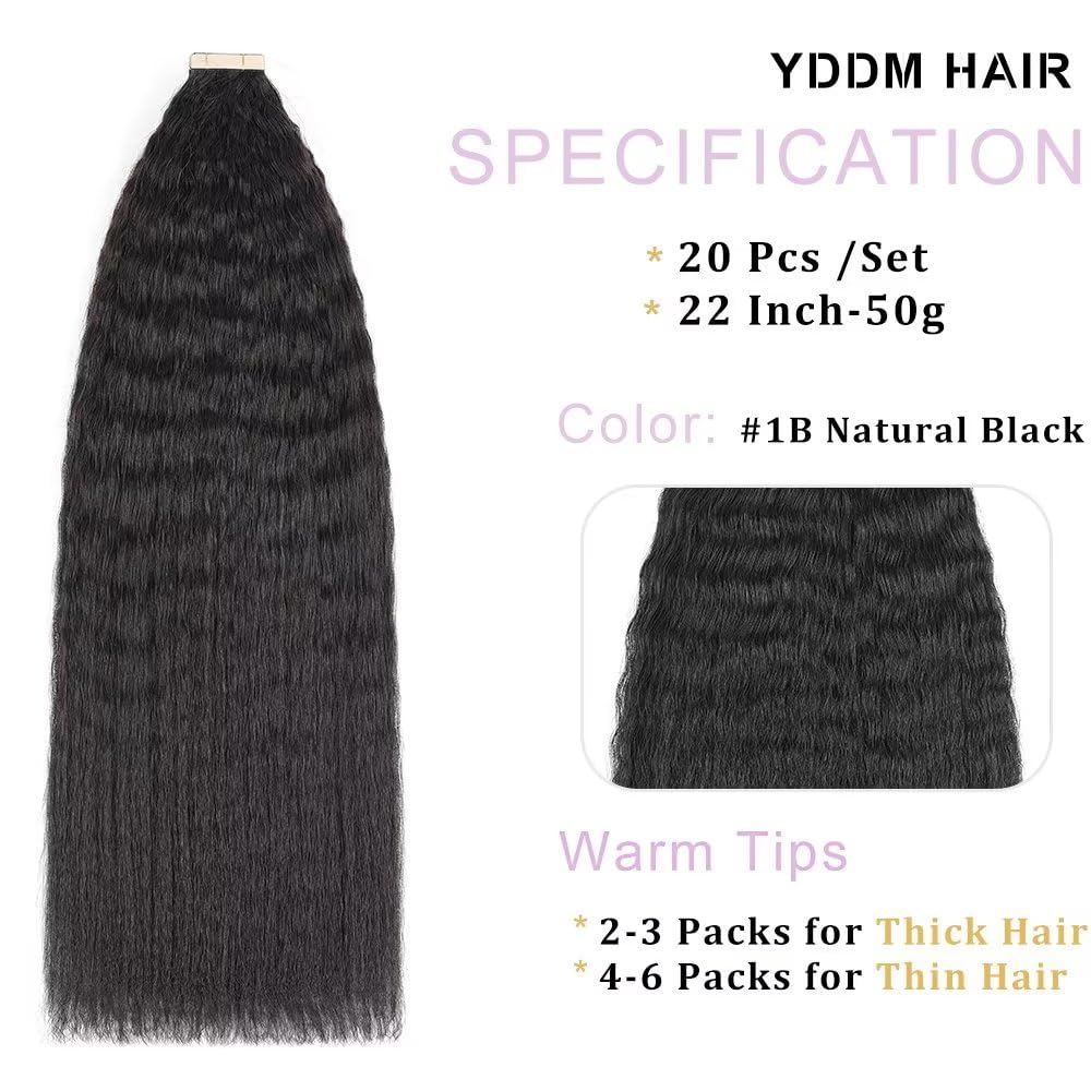 YDDM Tape in Noir Hair Extensions Kinky Straight cheveux naturel afro femme，cheveux afro extension Kinky Straight Tape Extension 100% cheveux humains réels Extension 22inch 20 Pièces/50g