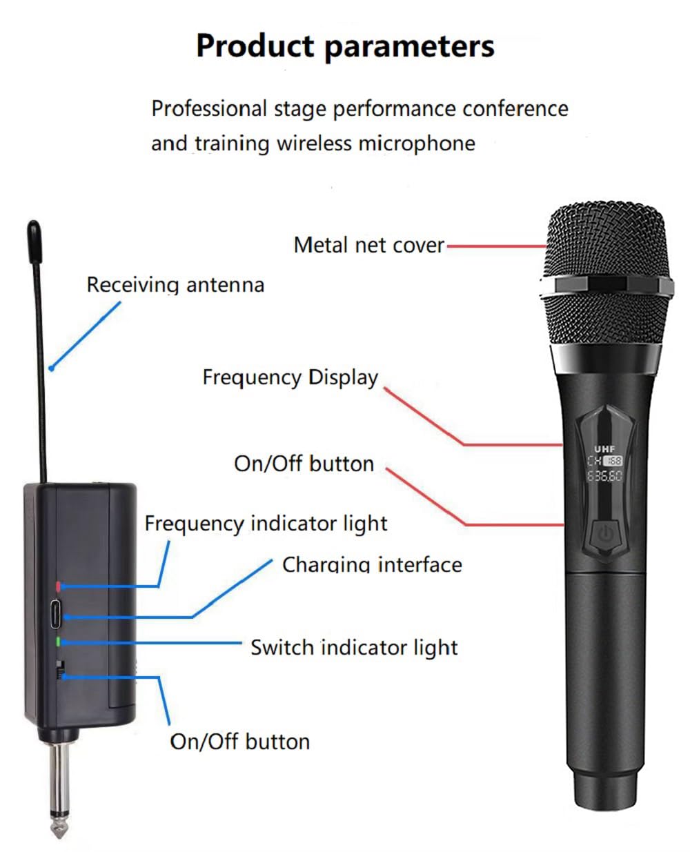 Microfono wireless solo per ingresso microfono, microfono UHF multiuso portatile con ricevitore ricaricabile (lavoro 4 ore) portata 34,7 m per amplificatore, altoparlante, mixer, karaoke, chiesa,