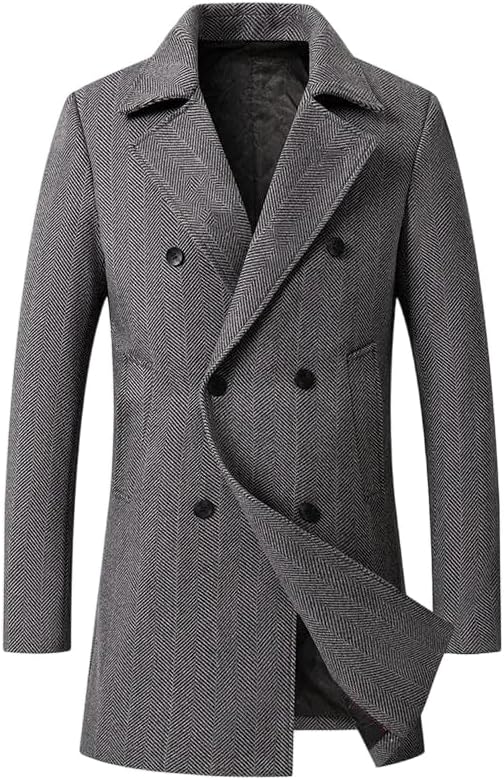 Men's Double-Breasted Wool Trench Coat, Warm Winter Long Pea Jacket