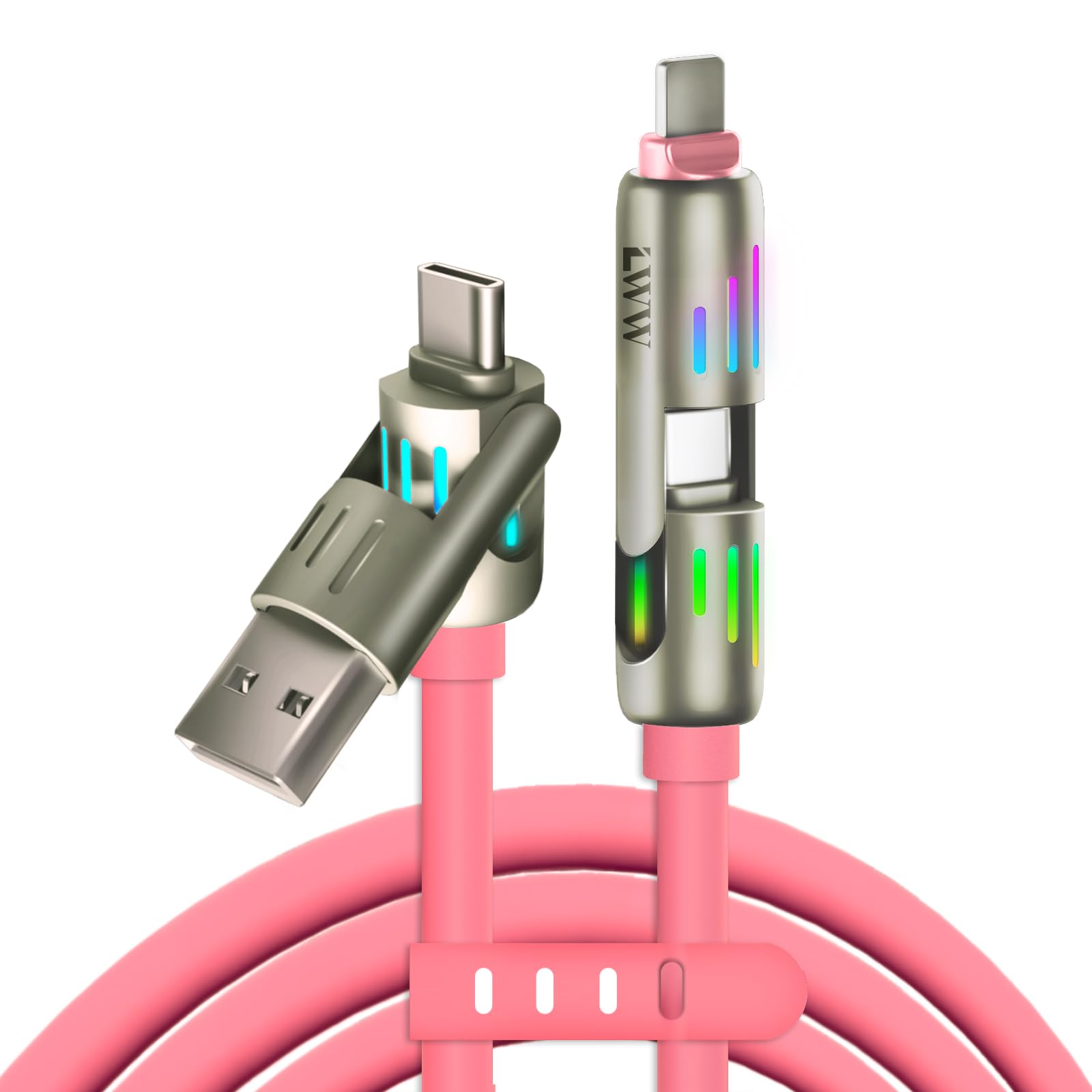 LWW 240w 4-in-1 USB C Cable,Multi Charger Cable with Breathing Light, PD 5A Multi Fast Charging & Data Sync Silicone Compatible for iPhone Samsung Laptop Multi Device Charging,4FT (Gery) (Pink)