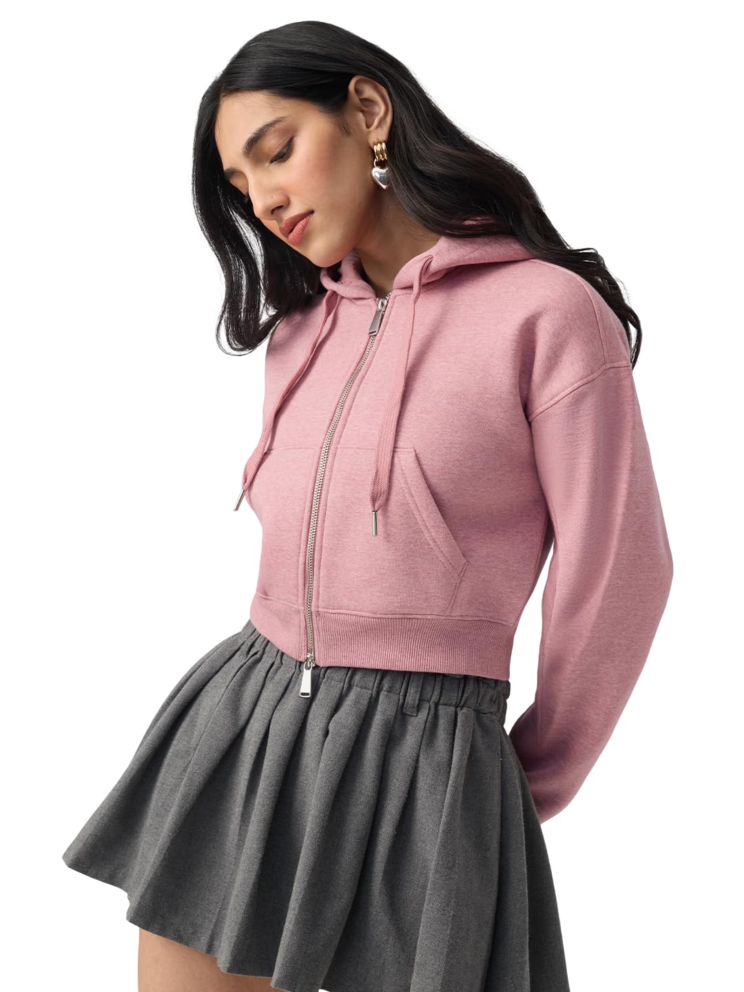 the souled store Two-Way Zipper Hoodie: Heather Women and Girls Long Sleeve Hooded Neck Pink Solid Cotton Blend Premium Heavy Gauge Lightweight Everyday Zipper Oversized Cropped Hoodie-picture-19
