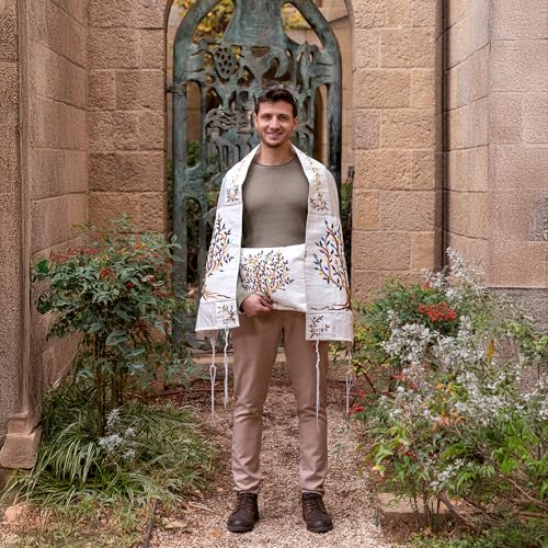 Yair Emanuel Multicolor Tree of Life Design Embroidered Raw Silk White Tallit Set3