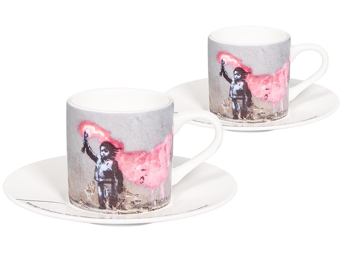 Könitz Espresso Tassen Set Banksy Young refugee. 4 Kaffeetassen 65ml aus Fine Bone China Porzellan. Espressotassen modern, bunt