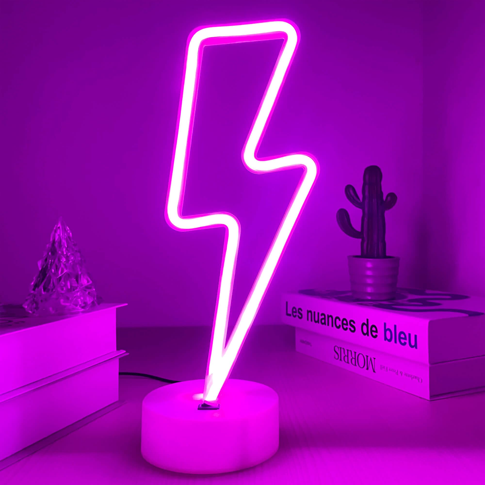 Letreros de neón con forma de rayo, luz de neón púrpura con base para dormitorio, USB/batería, lámpara de neón de trueno, luz nocturna, letrero LED en forma de rayo, decoración para