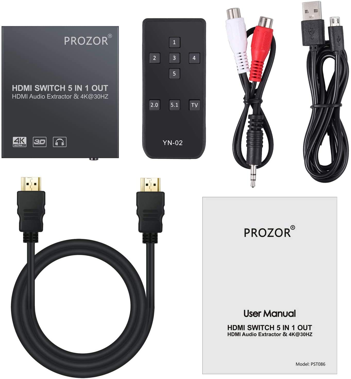 PROZOR Przełącznik HDMI 5 IN 1 OUT HDMI Audio Extractor 4K z pilotem 3,5 mm na kabel RCA HDMI na optyczny Toslink SPDIF 3,5 mm RCA R/L konwerter Sopport HDMI 1.4 do Blu-ray DVD PS4 TV Soundbar