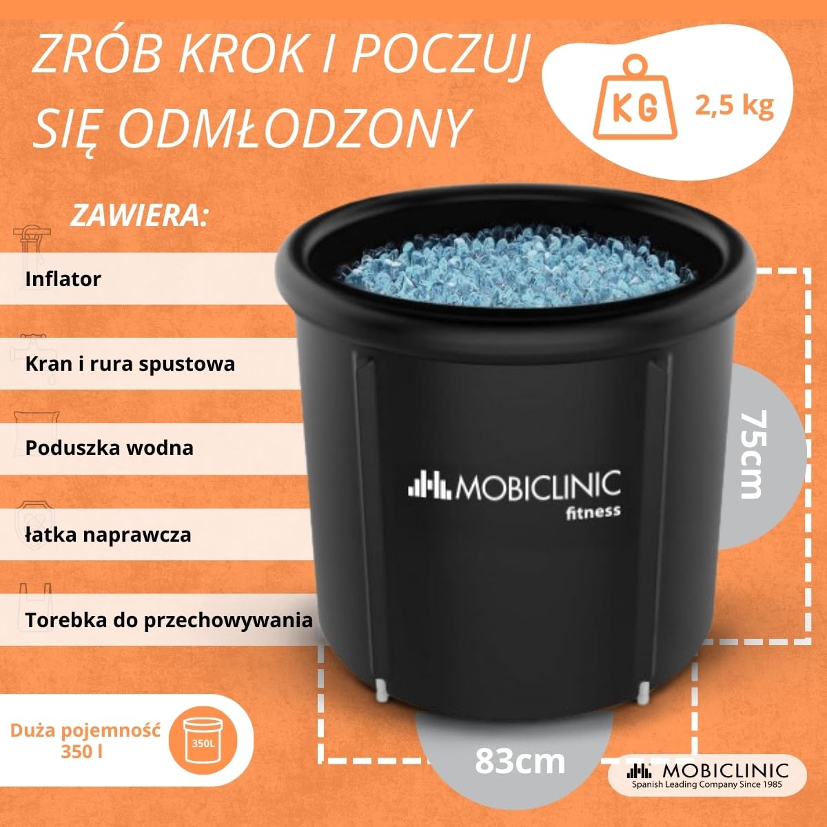 Mobiclinic® fitness, Wanna lodowa, Artic, 350l, Odbudowa mięśniowa, Dla sportowców, 83x83x75cm, Przenośna, Podwójna terapia, Torba transportowa, Nadmuchiwana poduszka i pokrywa, Nadmuchiwany