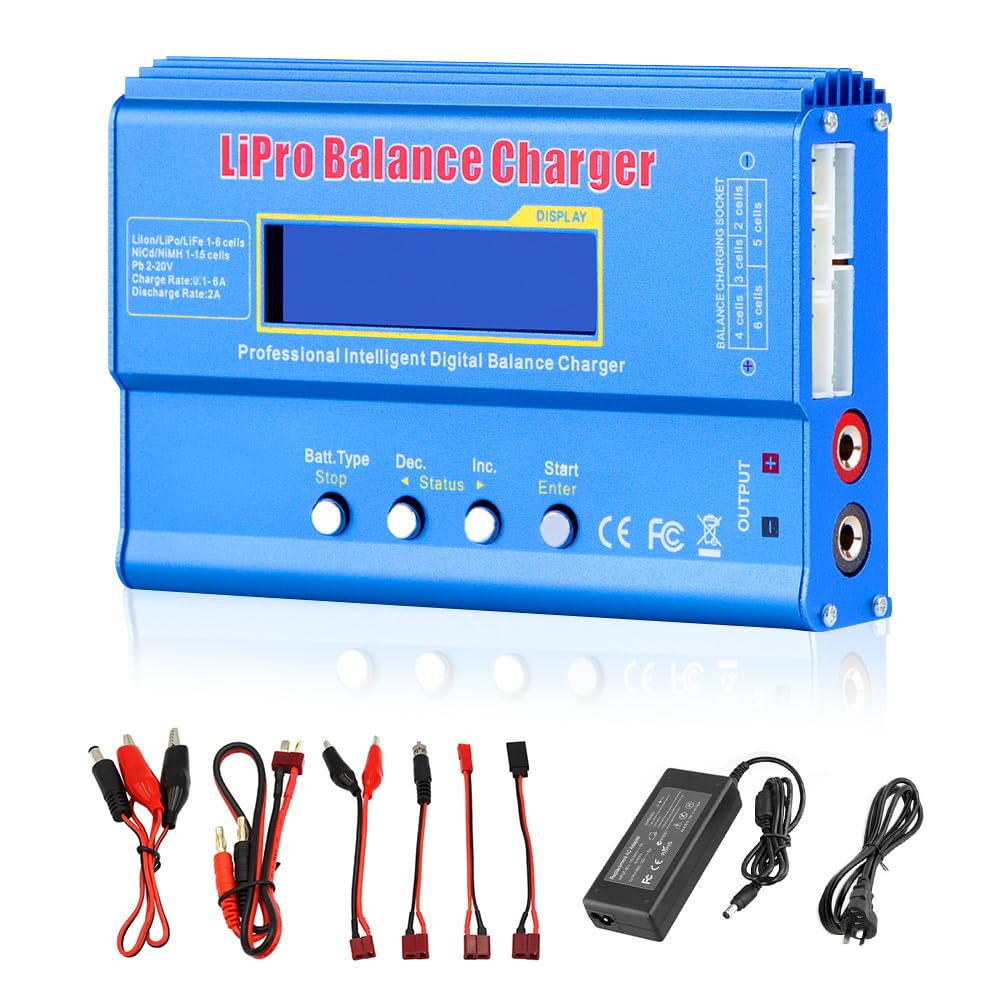 Lipo Caricabatterie, 80W 6A Lipo Balance Charger con cavo di alimentazione completo, Caricabatterie RC con adattatore di alimentazione, Lipo Balance Charger per Lipo Li-Poly Li-Ion Life Nicd