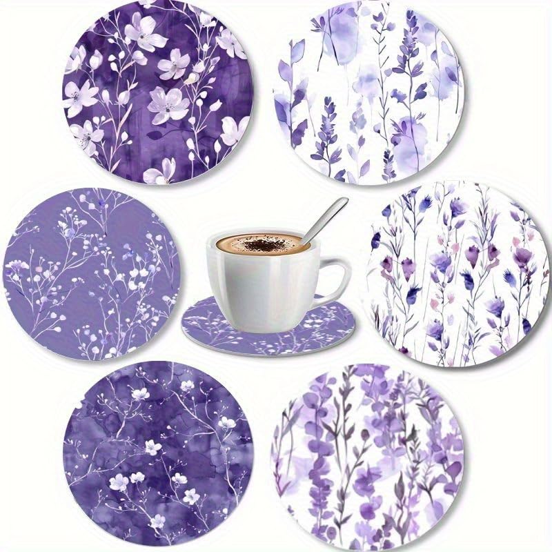 Image of Set of 6, 3.94X3.94 Inches, Spring Purple Floral Themed Wooden Coasters, Spring Purple Flower Art Coasters, for Friends and Family for Patio Tables, Kitchens Living Rooms