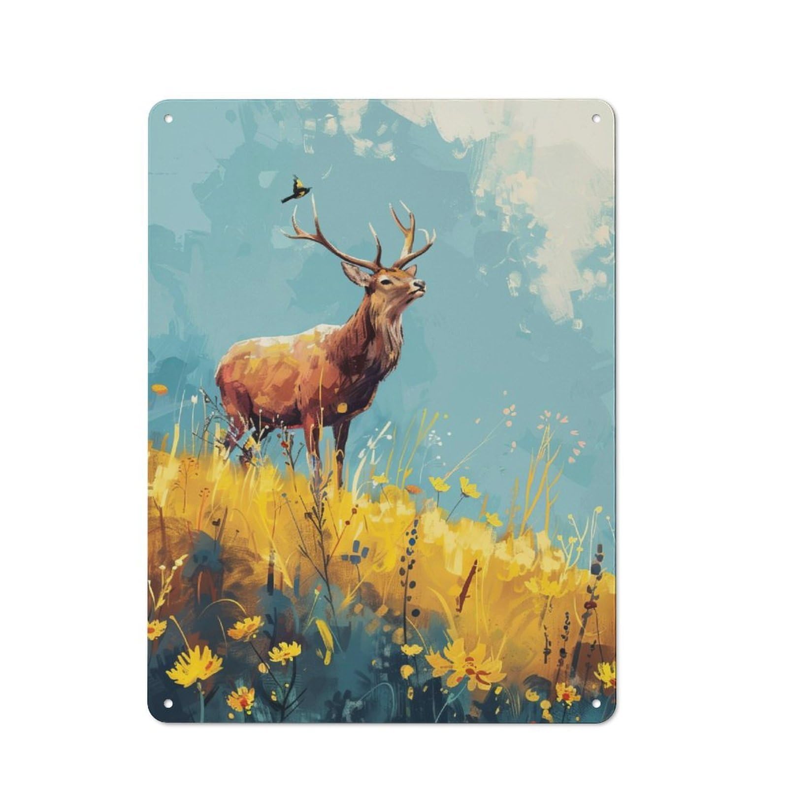 Junmoney Deer In Blooming Meadow Metal Wall Sign 40X30cm Featuring For Garage Or Workshop, For Garage, Workshop And Man Cave Decoration