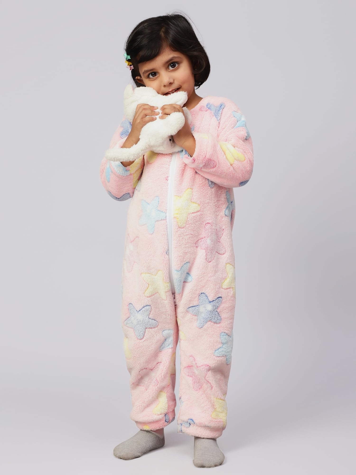 Bubble Berry Kid's Flannel Romper Night Suit Kids and Babies, 3-4Years, Pink Stars- Winter - Image 2 thumbnail