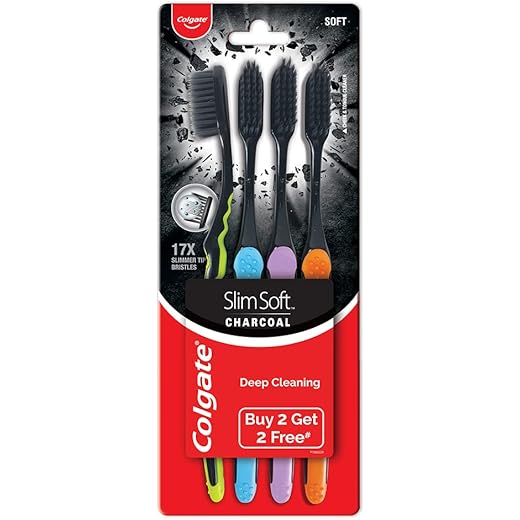 Colgate Slimsoft Charcoal Manual Toothbrush for Adults (Buy 2, Get 2) - 4 Pcs, 17X Slimmer Tip Bristles