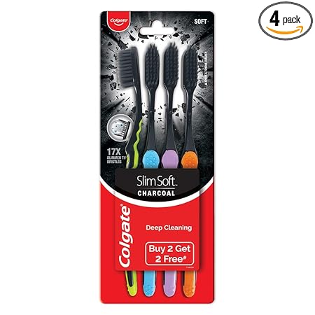 Colgate Slimsoft Charcoal Manual Toothbrush For Adult (Buy 2, Get 2 Free) - 4 Pcs, 17X Slimmer Tip Bristles, Tooth Brush Combo Pack