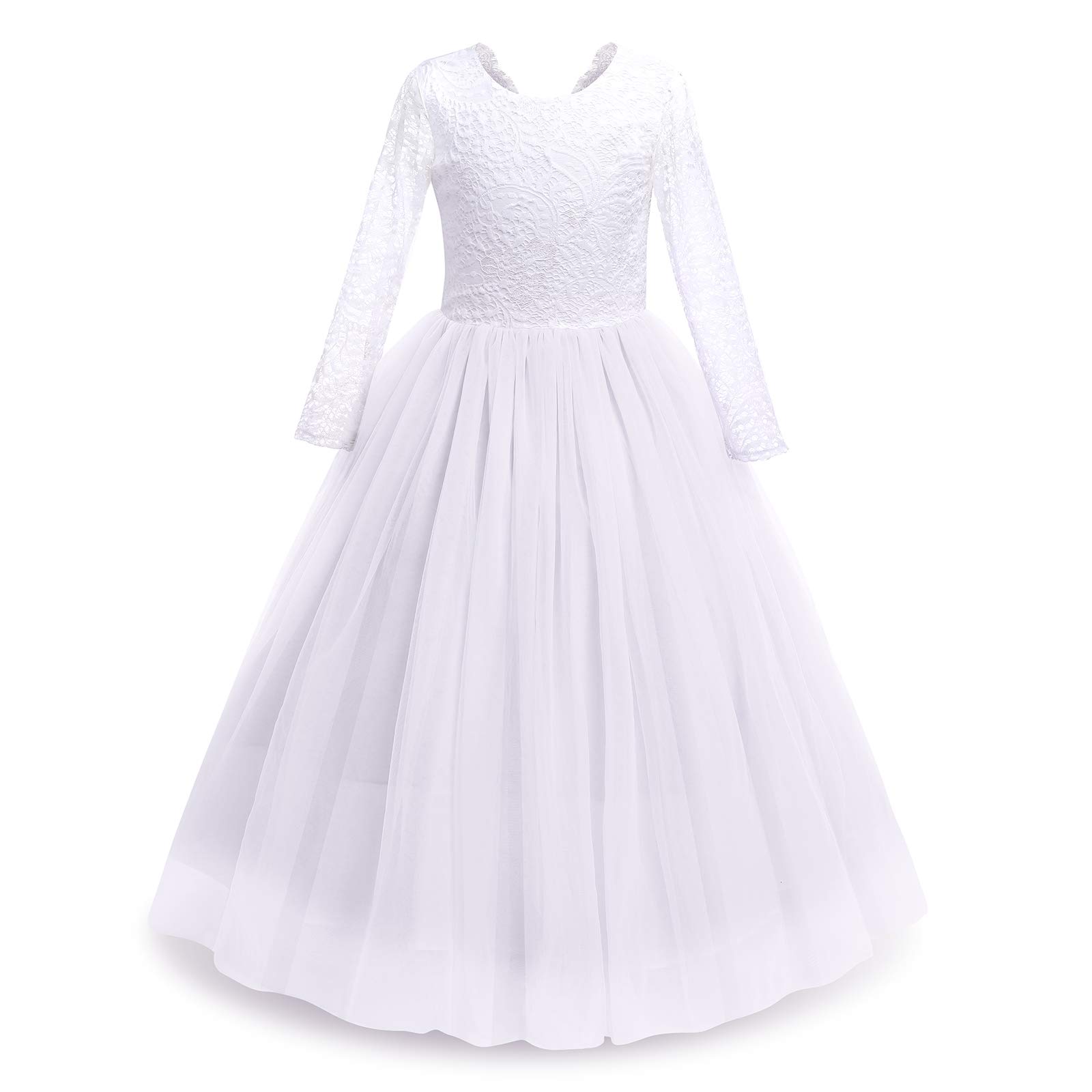 Flower Girl Lace Dress 3/4 Sleeve Kids Girls V Backless Tulle Princess Party Long Dress Birthday Wedding Junior Bridesmaid First Communion Pageant Christening Baptism Ball Gown White 11-12 Years